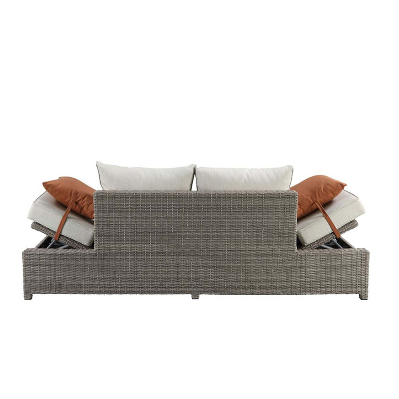 Salena Patio Sofa w/2 Pillows & Ottoman , Beige Fabric & Gray Wicker Acme