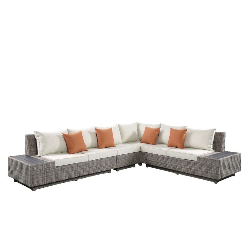 Salena Patio 67" Sectional Sofa w/4 Pillows & Coffee Table, Beige Fabric Acme