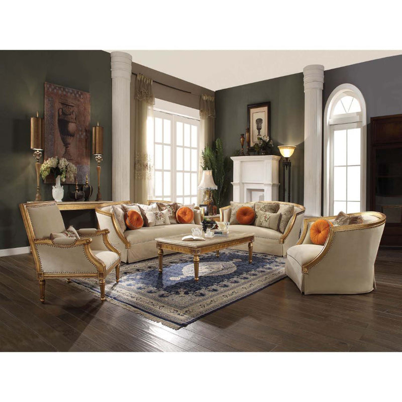 Daesha 92" Sofa w/8 Pillows, Tan Flannel & Antique Gold Finish Acme