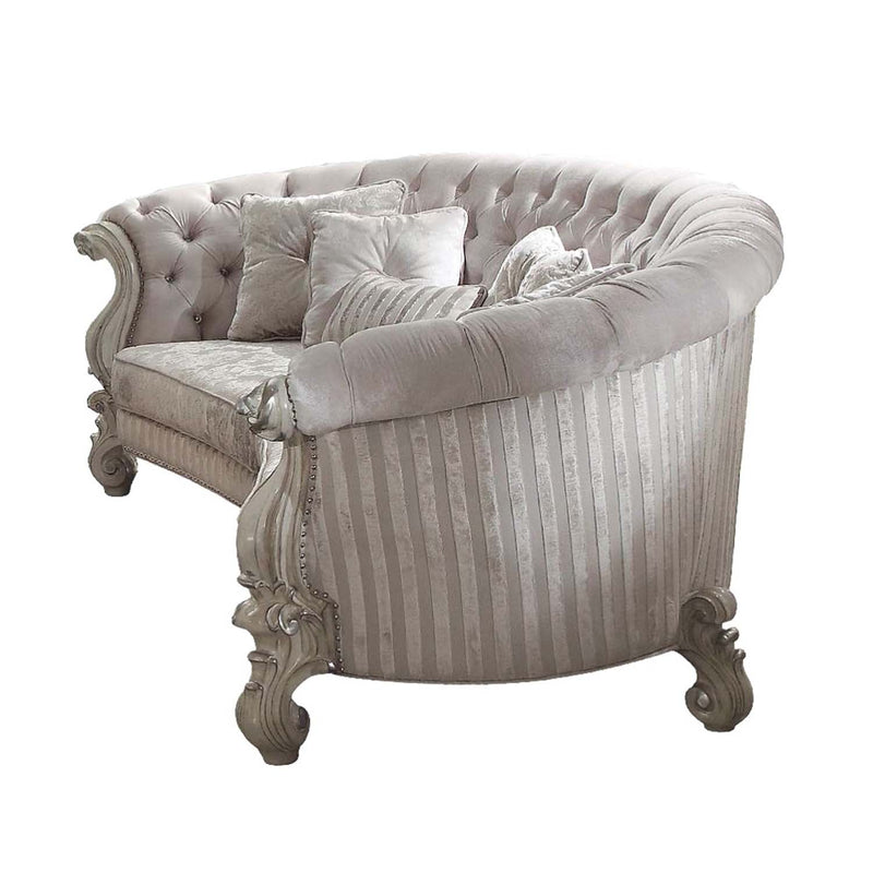 Versailles 109" Sofa w/5 Pillows, Ivory Fabric & Bone White Finish Acme