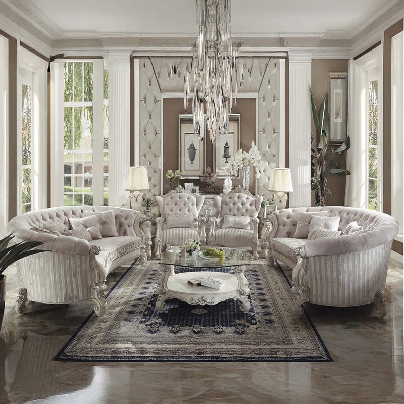 Versailles 109" Sofa w/5 Pillows, Ivory Fabric & Bone White Finish Acme