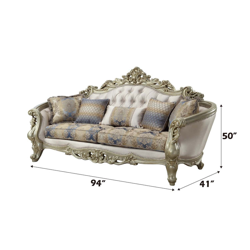 Gorsedd 94" Sofa w/5 Pillows, Fabric & Golden Ivory Finish Acme
