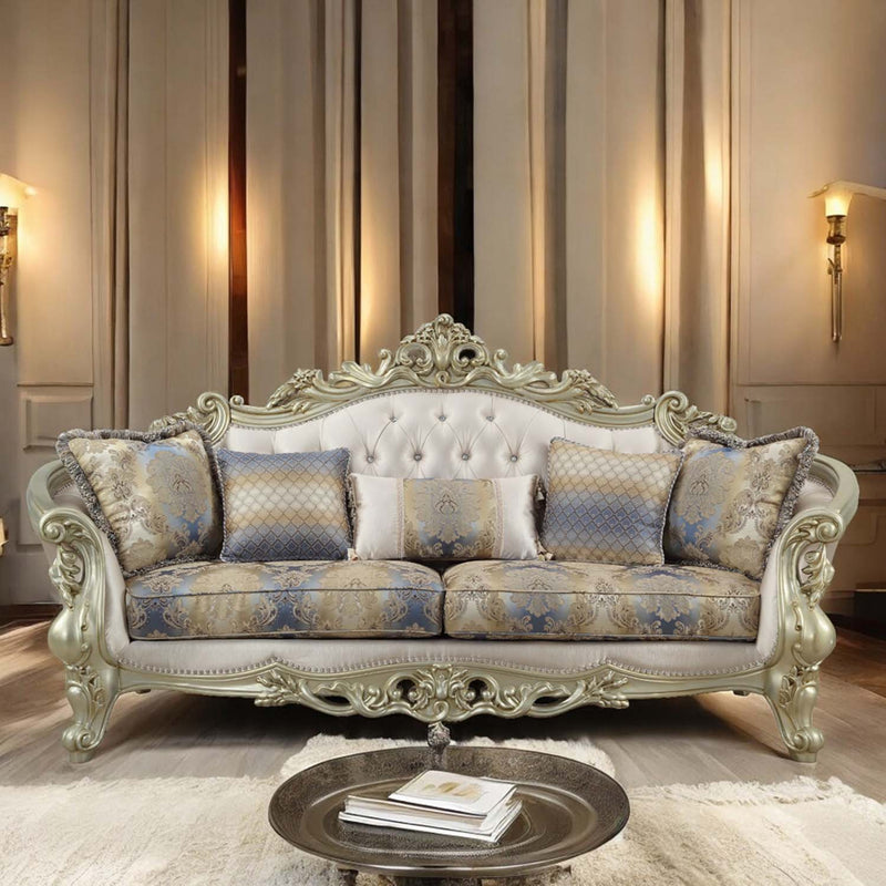 Gorsedd 94" Sofa w/5 Pillows, Fabric & Golden Ivory Finish Acme