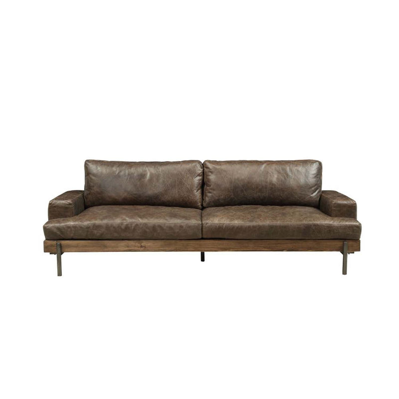 Silchester 95" Sofa, Distress Chocolate Top Grain Leather & Oak Finish Acme