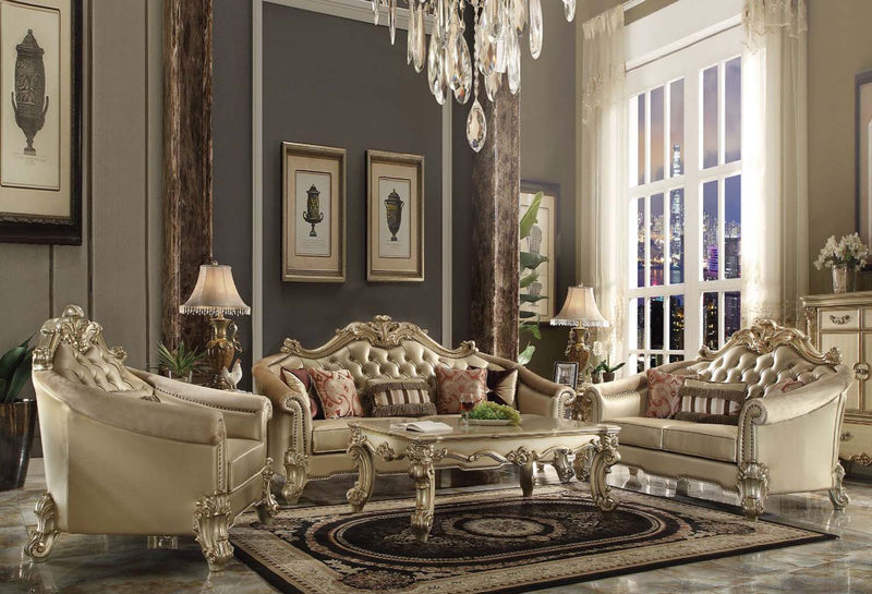 Vendome II 89" Sofa w/5 Pillows, Bone Faux Leather & Gold Patina Finish Acme