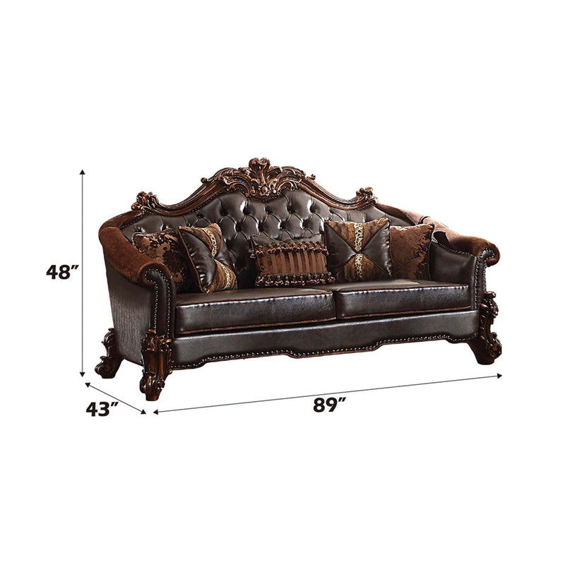 Vendome II 89" Sofa w/5 Pillows, Two Tone Dark Brown Faux Leather & Cherry Acme