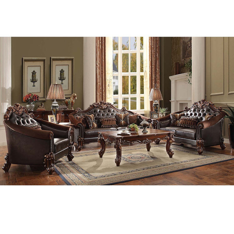 Vendome II 89" Sofa w/5 Pillows, Two Tone Dark Brown Faux Leather & Cherry Acme