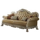 Dresden 85" Sofa w/4 Pillows, Bone Faux Leather & Gold Patina Finish Acme