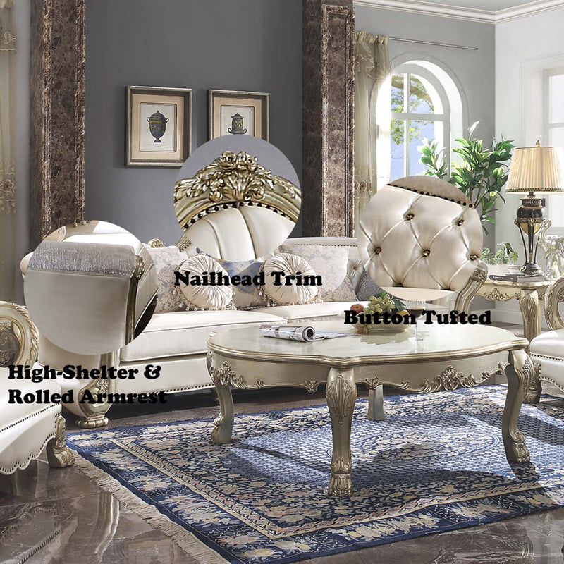 Dresden II 113" Sofa w/7 Pillows, Pearl Faux Leather & Gold Patina Finish Acme