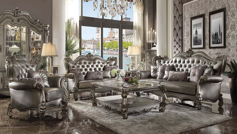 Versailles 90" Sofa w/6 Pillows, Silver Faux Leather Acme