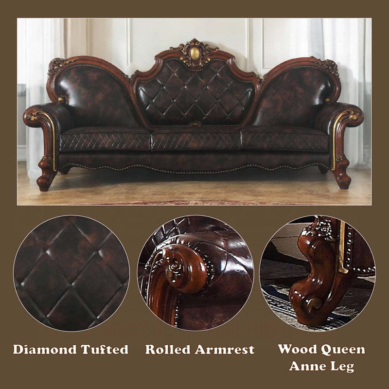 Picardy Oversized 110" Sofa w/5 Pillows, Faux Leather & Honey Oak Finish Acme