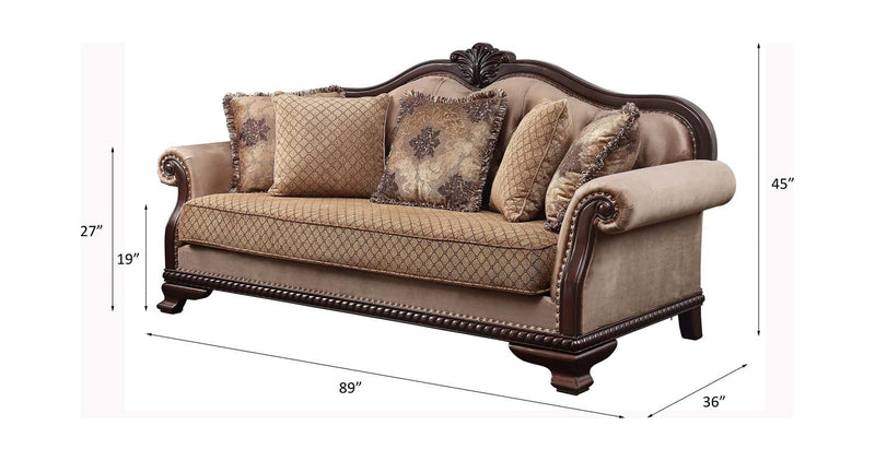 Chateau De Ville 89" Sofa w/5 Pillows, Fabric & Espresso Finish Acme