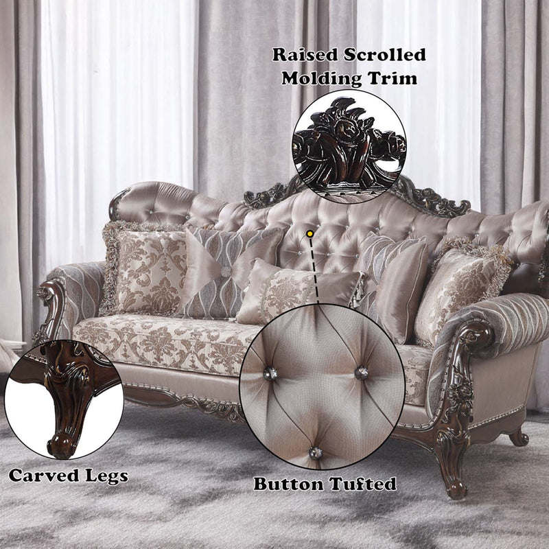 Benbek 92" Sofa w/5 Pillows, Fabric & Antique Oak Finish Acme
