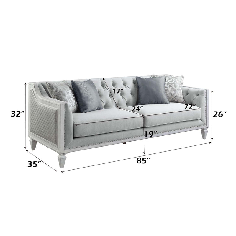 Katia 85" Sofa w/4 Pillows, Light Gray Linen & Weathered White Finish Acme