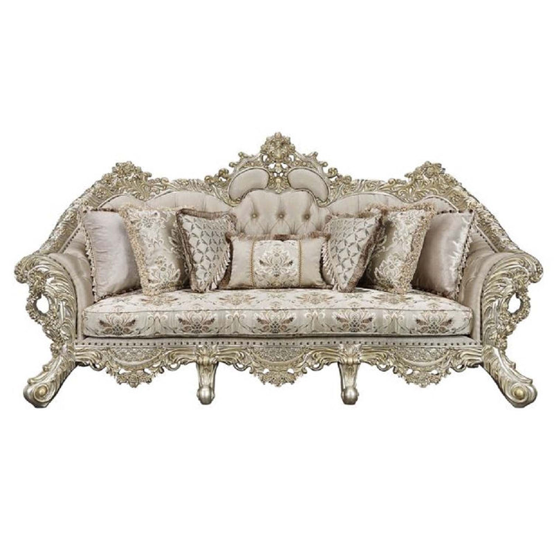 Danae 100" Sofa w/7 Pillows, Fabric, Champagne & Gold Finish Acme