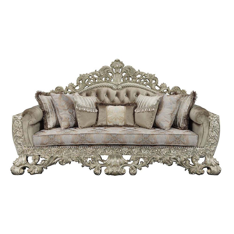 Sorina 99" Sofa w/7 Pillows, Velvet, Fabric & Antique Gold Finish Acme