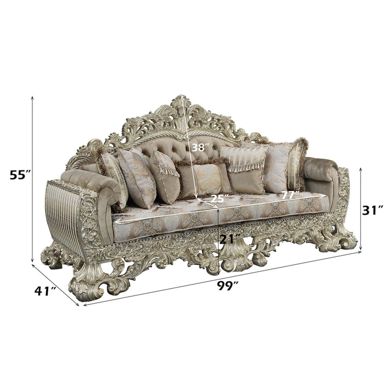 Sorina 99" Sofa w/7 Pillows, Velvet, Fabric & Antique Gold Finish Acme