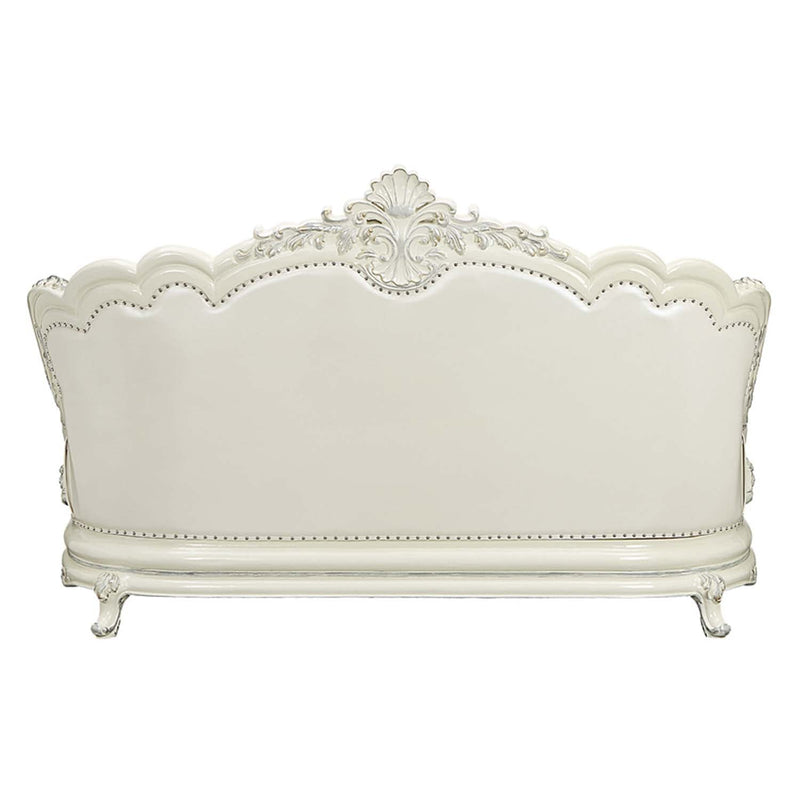 Adara 90" Sofa w/7 Pillows, Pearl White Faux Leather & Antique White Finish Acme