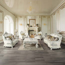 Adara 90" Sofa w/7 Pillows, Pearl White Faux Leather & Antique White Finish Acme