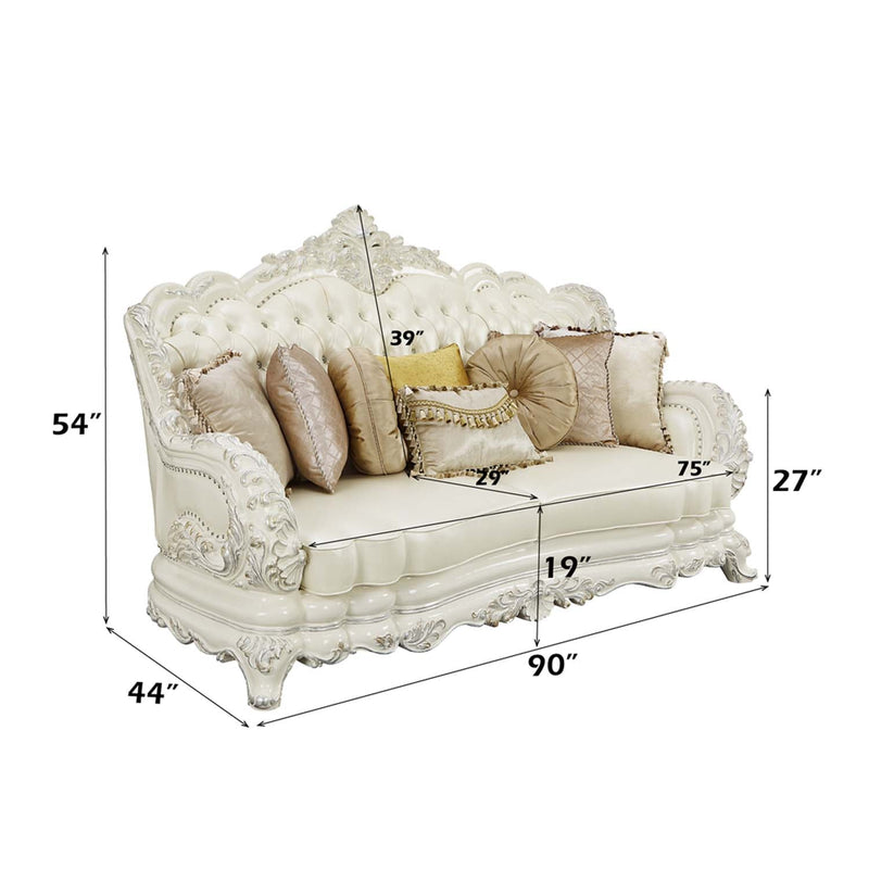 Adara 90" Sofa w/7 Pillows, Pearl White Faux Leather & Antique White Finish Acme
