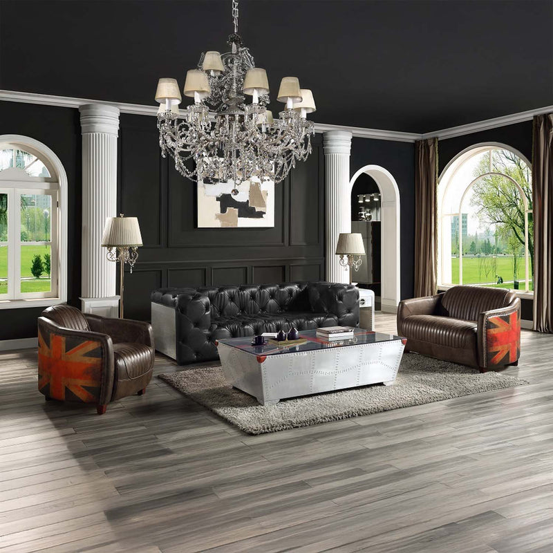 Brancaster 95" Sofa, Black Top Grain Leather & Aluminum Acme