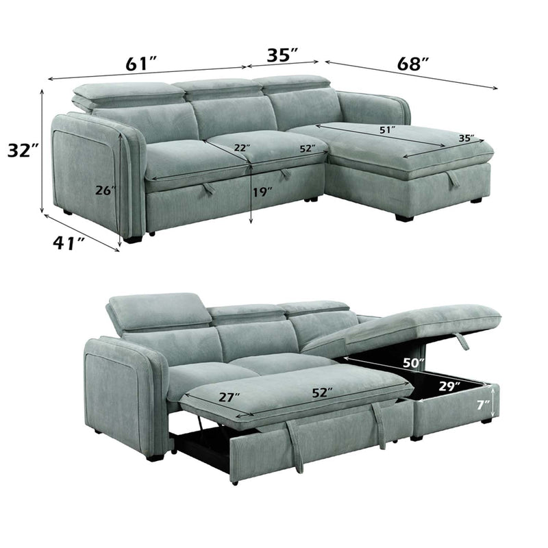 Zavala 96" Sectional Sofa w/Sleeper & Storage, Light Green Chenille Acme