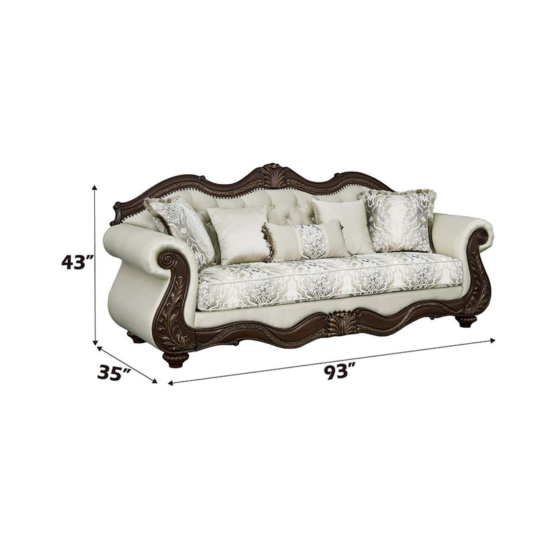 Pierce 93" Sofa w/5 Pillows, Beige Fabric & Cherry Finish Acme
