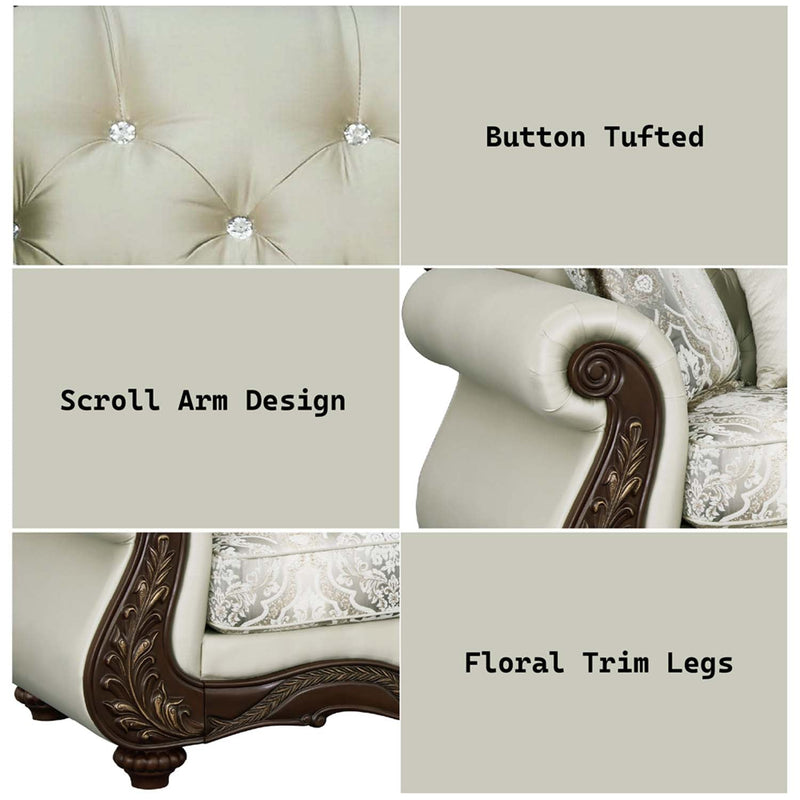 Pierce 93" Sofa w/5 Pillows, Beige Fabric & Cherry Finish Acme