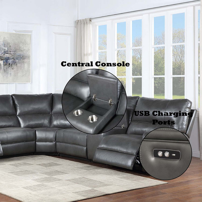 Saul Power Motion 133" Sectional Sofa, Gray Leather-Aire Acme