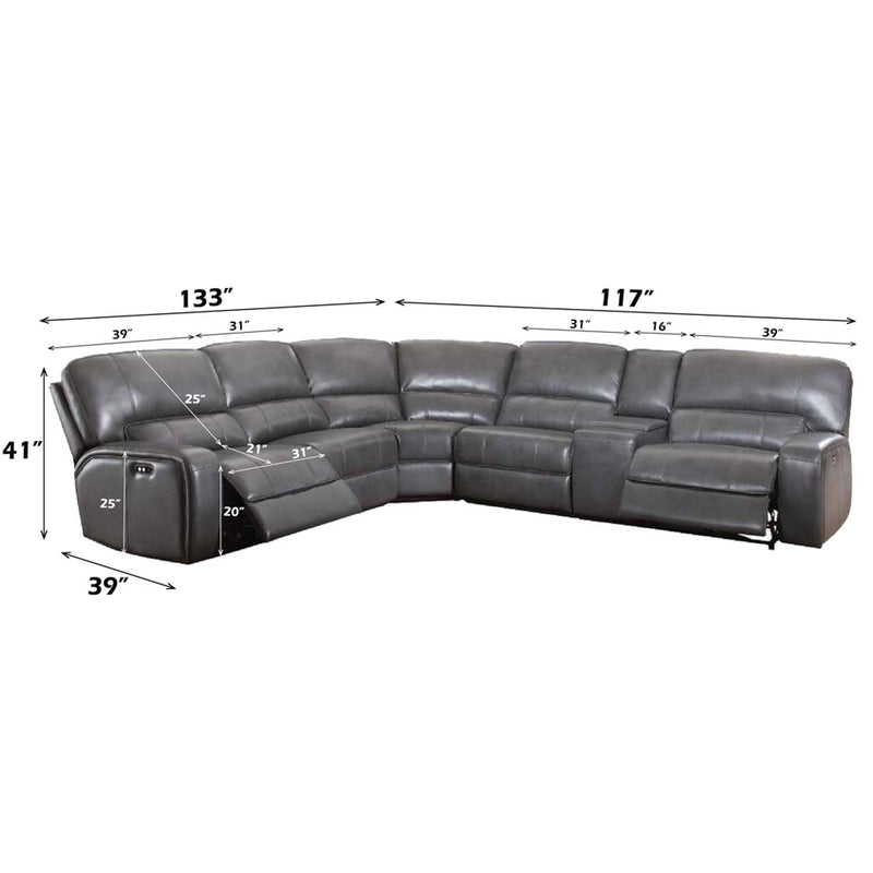 Saul Power Motion 133" Sectional Sofa, Gray Leather-Aire Acme