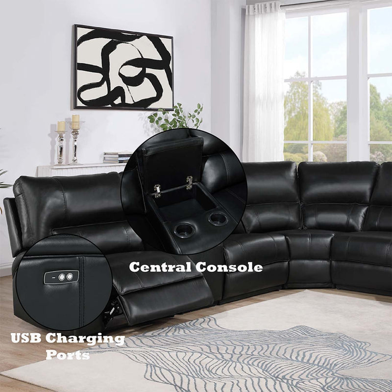 Saul Power Motion 133" Sectional Sofa, Black Leather-Aire Acme