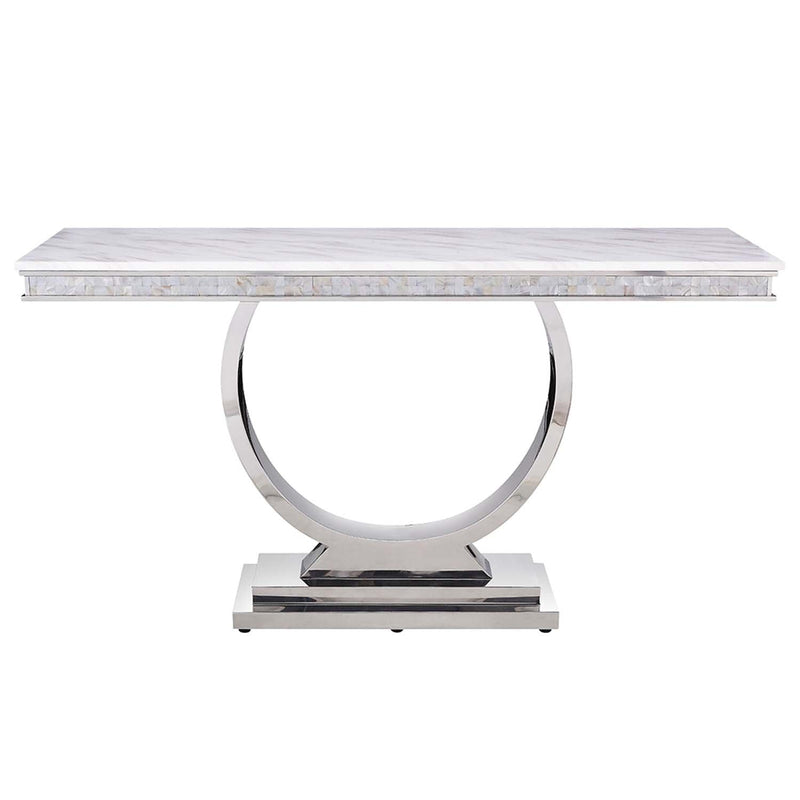 Zander 63" Sofa Table, White Printed Faux Marble Top & Mirrored Silver Finish Acme