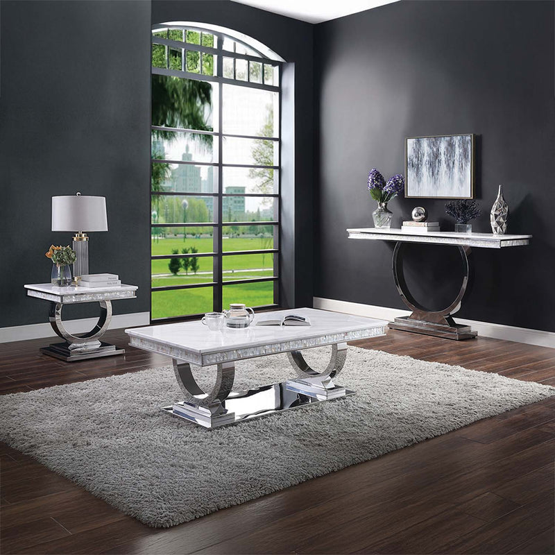 Zander 63" Sofa Table, White Printed Faux Marble Top & Mirrored Silver Finish Acme