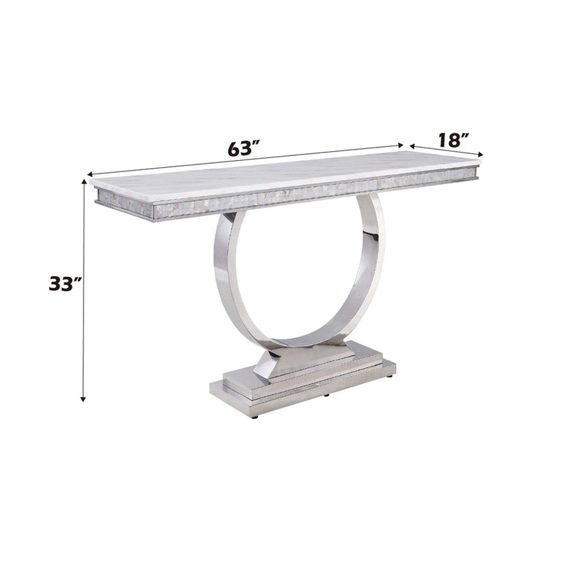 Zander 63" Sofa Table, White Printed Faux Marble Top & Mirrored Silver Finish Acme
