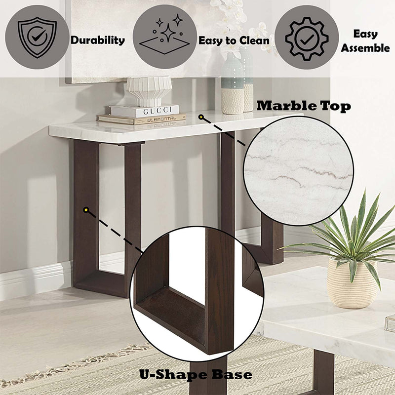 Edwyn 48" Sofa Table, White Natural Marble Top & Brown Finish Acme