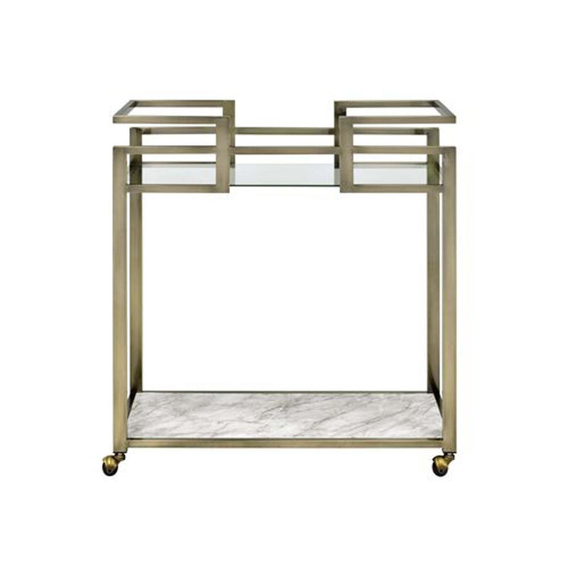 Neilo Serving Cart, Clear Glass, Faux Marble Top & Wire Brass Finish Acme