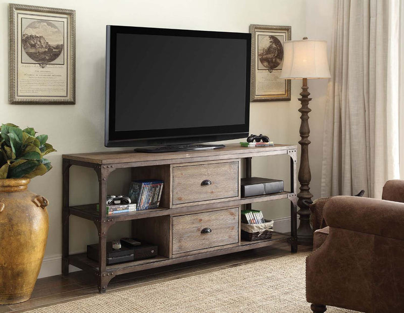 Gorden  60" TV Stand, Weathered Oak Finish & Antique Silver Metal Acme