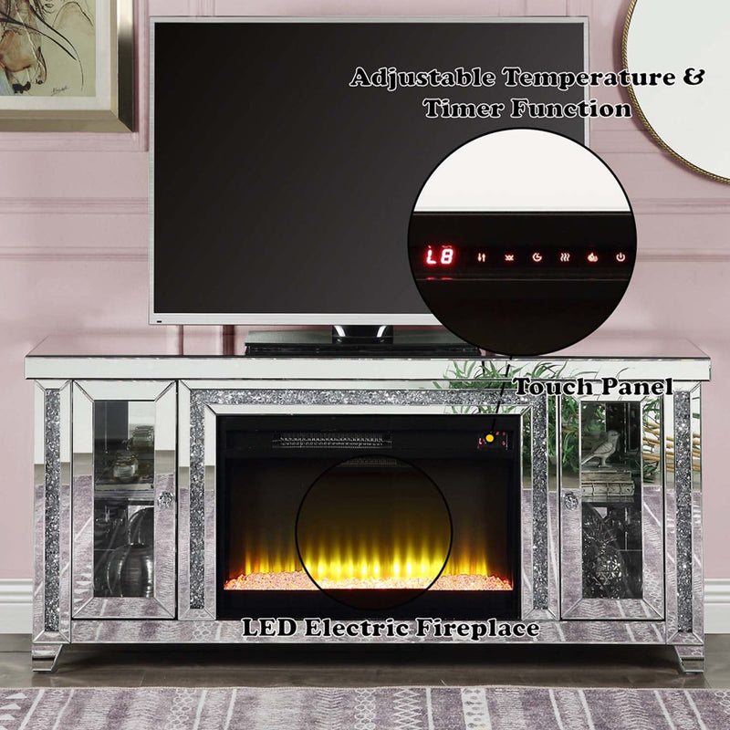 Noralie  59" TV Stand w/Fireplace & Led, Mirrored & Faux Diamonds Acme