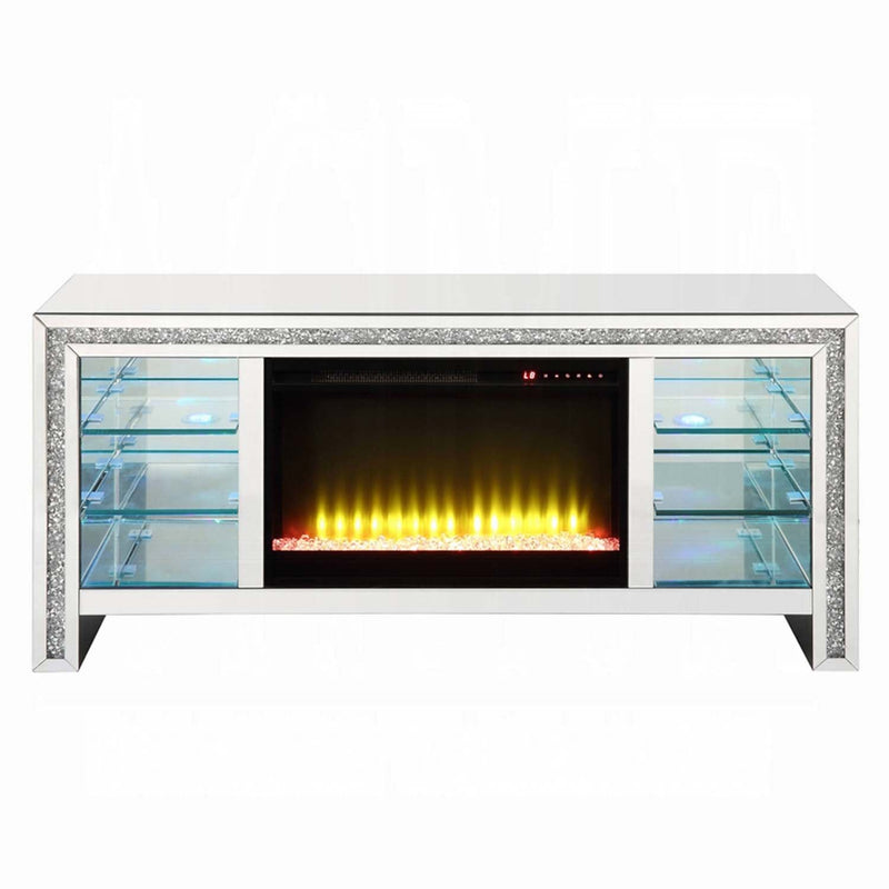 Noralie  59" TV Stand w/Fireplace & Led, Mirrored & Faux Diamonds Acme