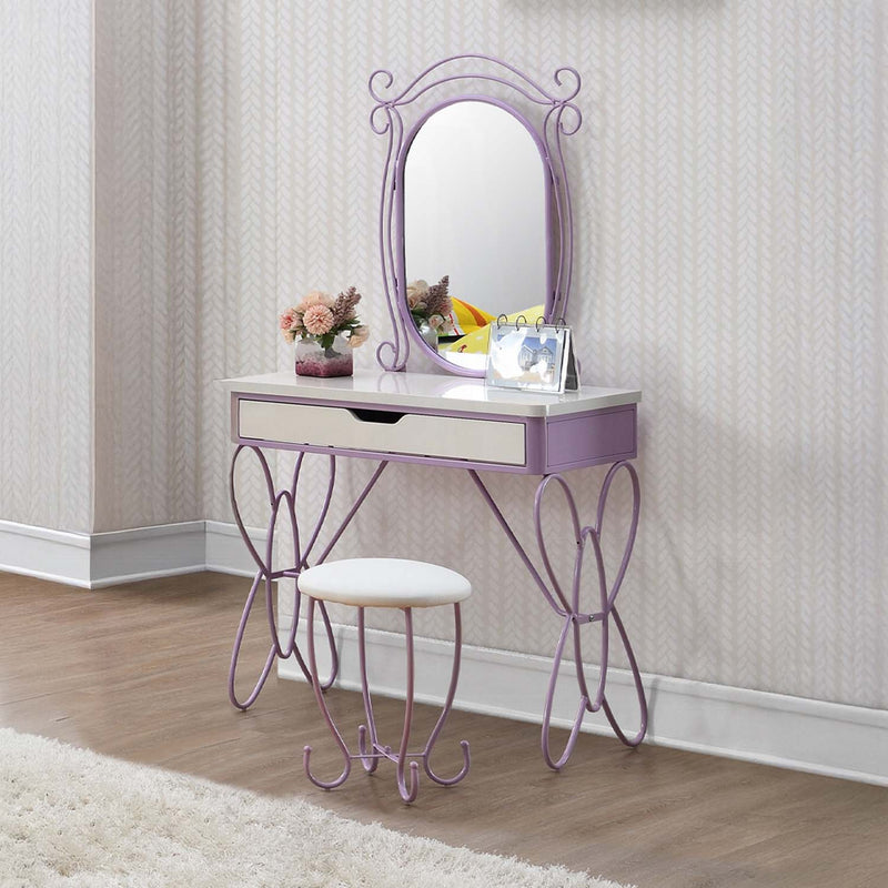 Priya II Vanity Set w/Stool, White & Light Faux Leather rple Finish Acme