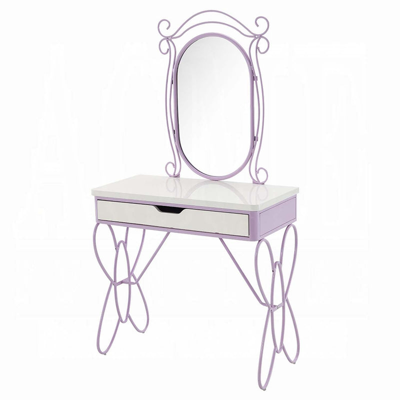 Priya II Vanity Set w/Stool, White & Light Faux Leather rple Finish Acme