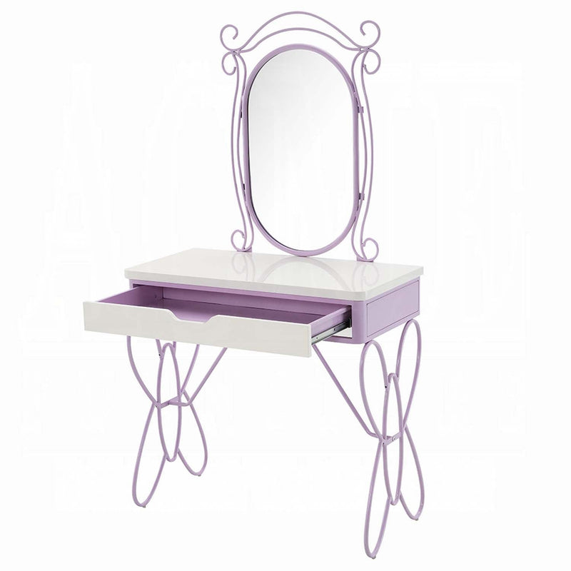 Priya II Vanity Set w/Stool, White & Light Faux Leather rple Finish Acme
