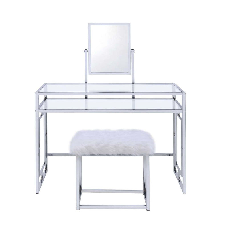 Carenze II Vanity Set w/Stool, White Faux Fur & Chrome Finish Acme