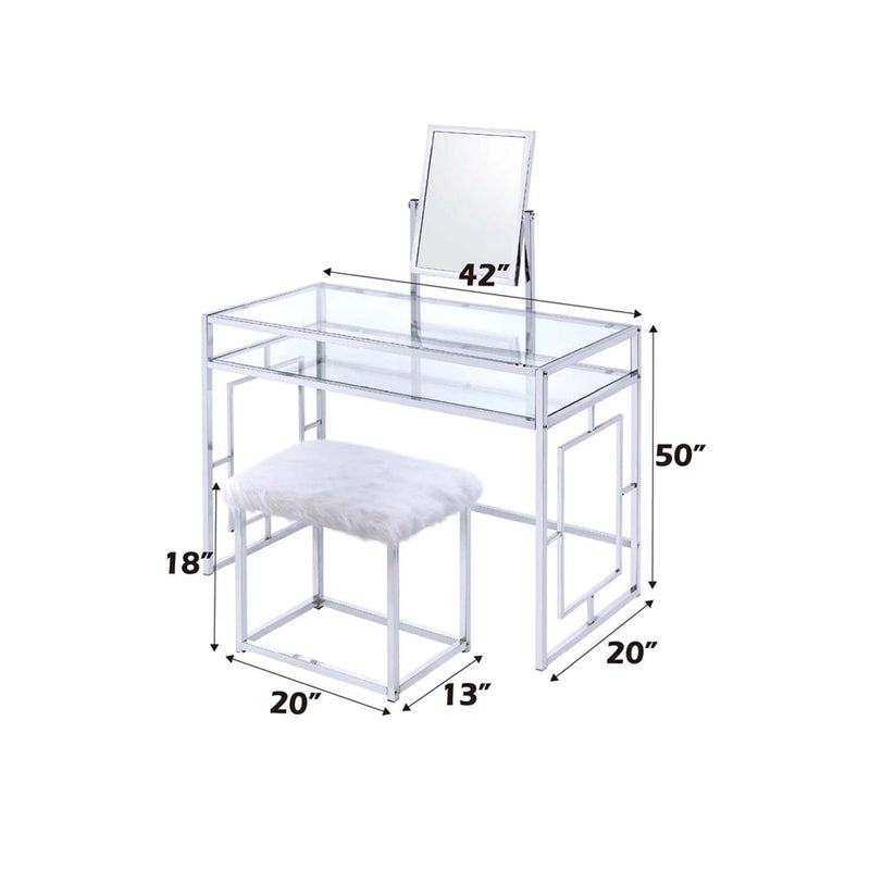 Carenze II Vanity Set w/Stool, White Faux Fur & Chrome Finish Acme