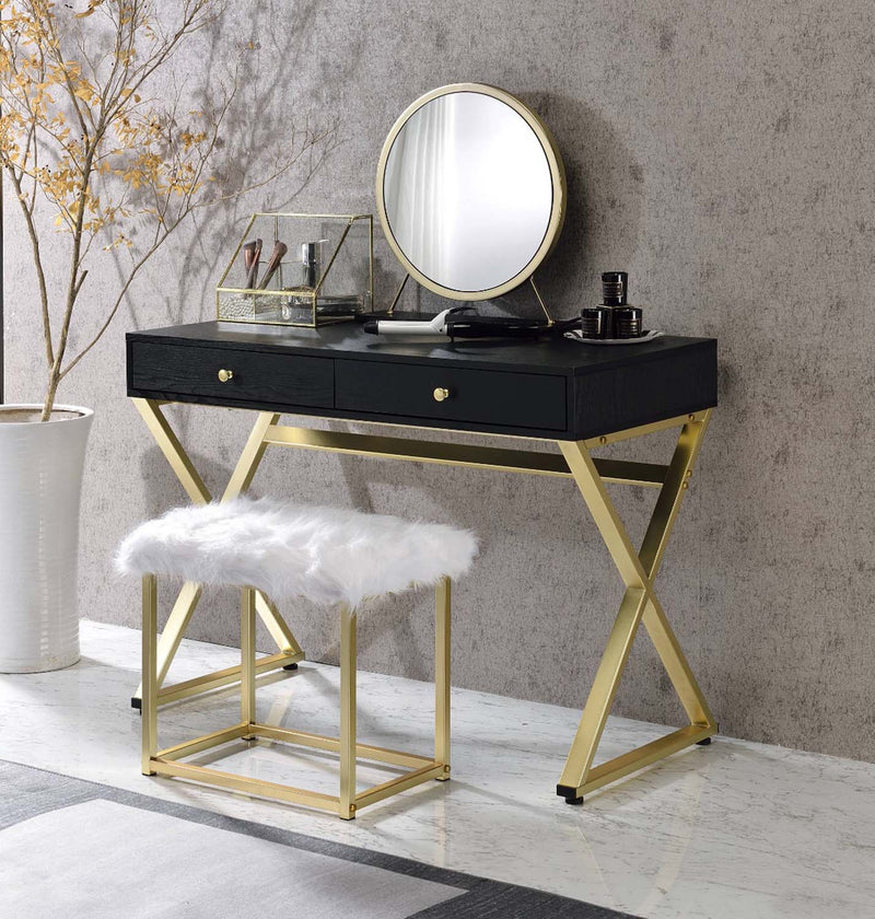 Adao Vanity Mirror & Stool, Faux Fur, Mirror, Black & Brass Finish Acme