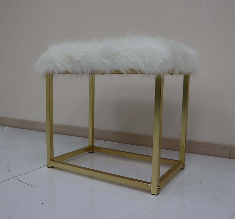Adao Vanity Mirror & Stool, Faux Fur, Mirror, White & Brass Finish Acme