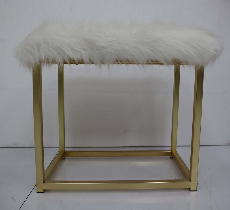 Adao Vanity Mirror & Stool, Faux Fur, Mirror, White & Brass Finish Acme