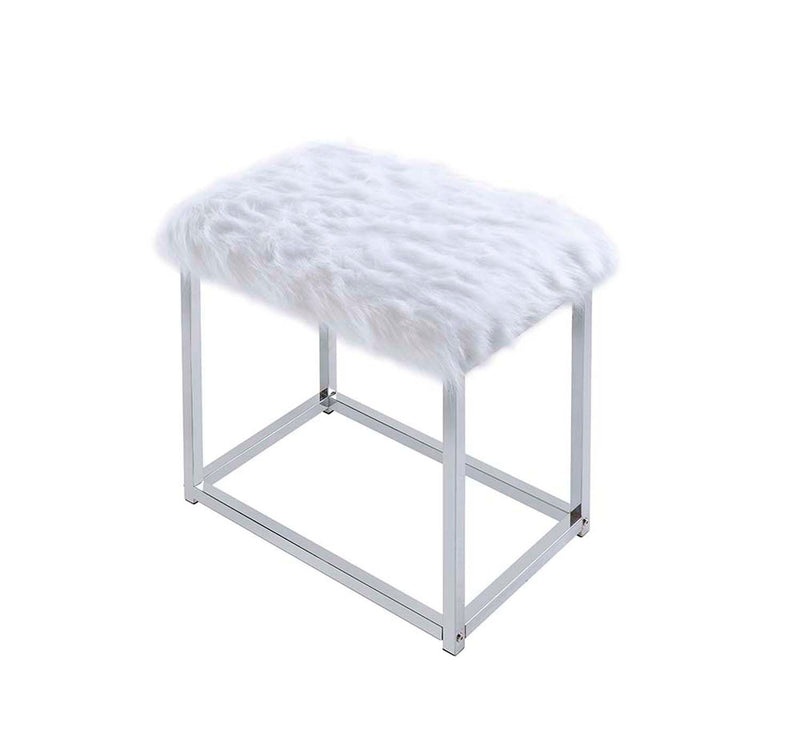 Adao Vanity Mirror & Stool, Faux Fur, Mirror, White & Chrome Finish Acme