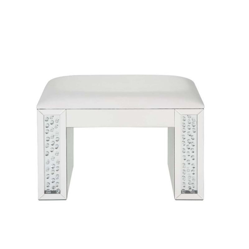 Nysa Vanity Stool, Ivory Faux Leather , Mirrored & Faux Crystals Acme