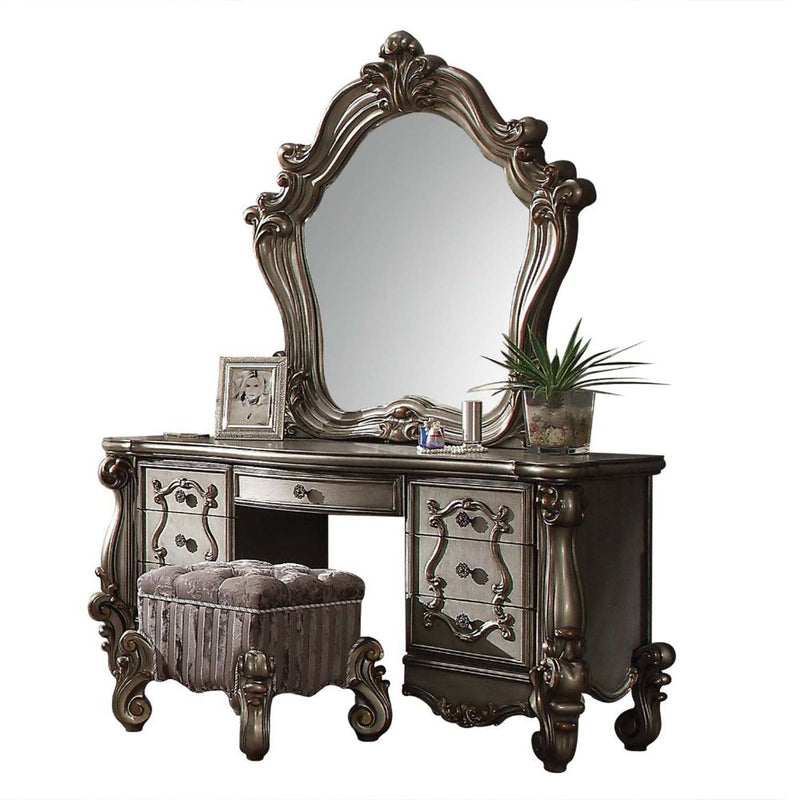 Versailles Vanity Stool, Fabric & Antique Platinum Finish Acme
